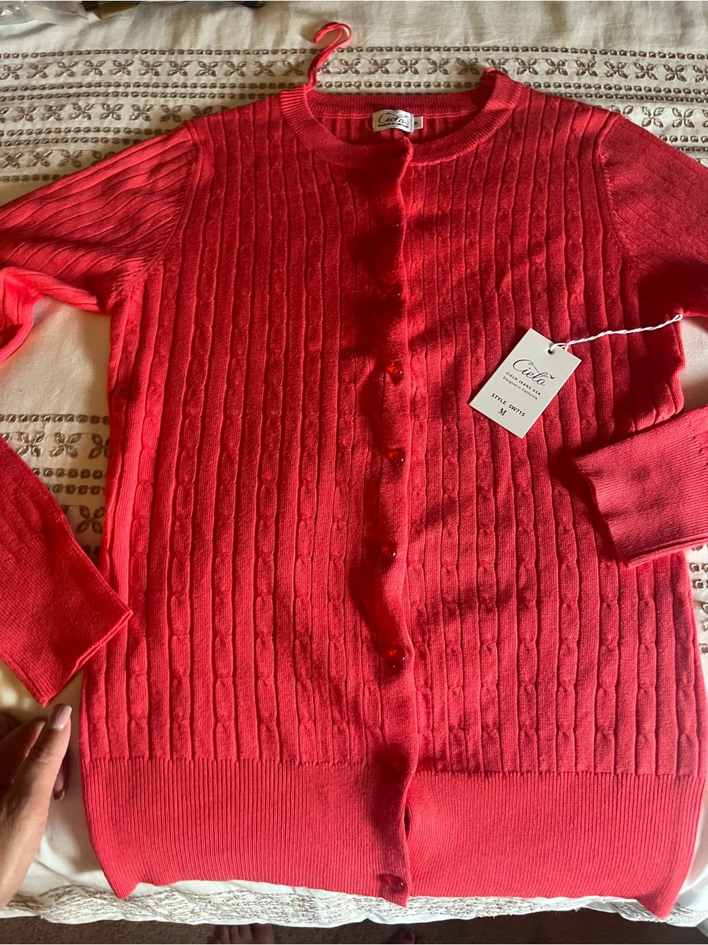 Cielo Coral Red Ribbed Button-Front Cardigan